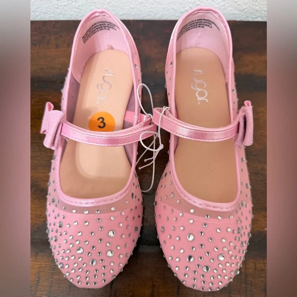 Sugar  Flats Shoes Big Girl Size 3M – Pink with Sparkly Rhinestones & Bow  New